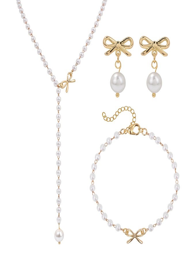 Raicegs Pearl Jewelry Set for Women Wedding Gold Pearl Bow Necklace Bracelet Earrings Set Bride Bridesmaid Dainty Bow Jewelry Gift for Women - Image 1